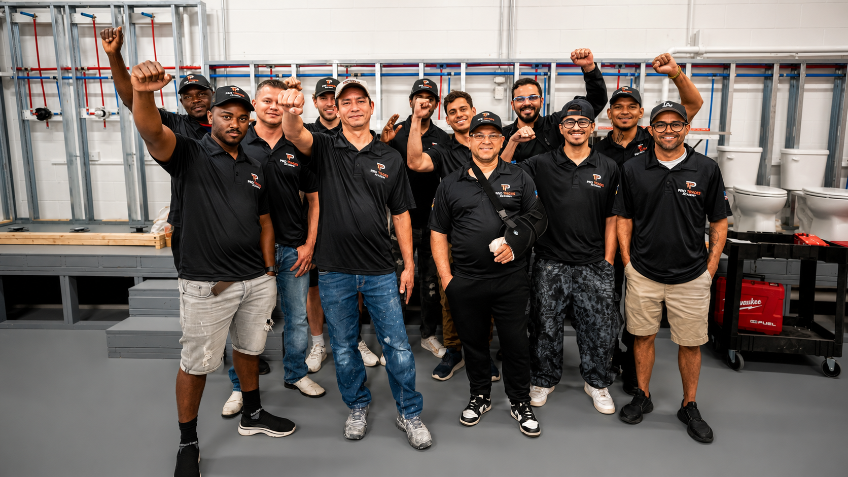 Turma da Pro Trades Academy com punhos erguidos no laboratório de HVAC e Plumbing em Massachusetts